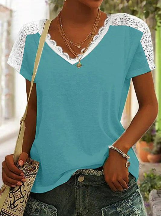 Women's casual v-neck lace stitching solid color short-sleeved top t-shirt