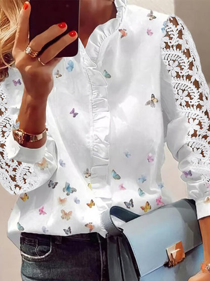 Dámské vintage květinové tisk krajkové košile top