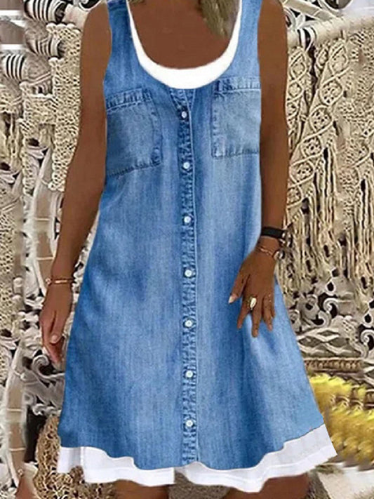 Dámské retro falešné dvoudílné džínsové tisk neformální mini šaty