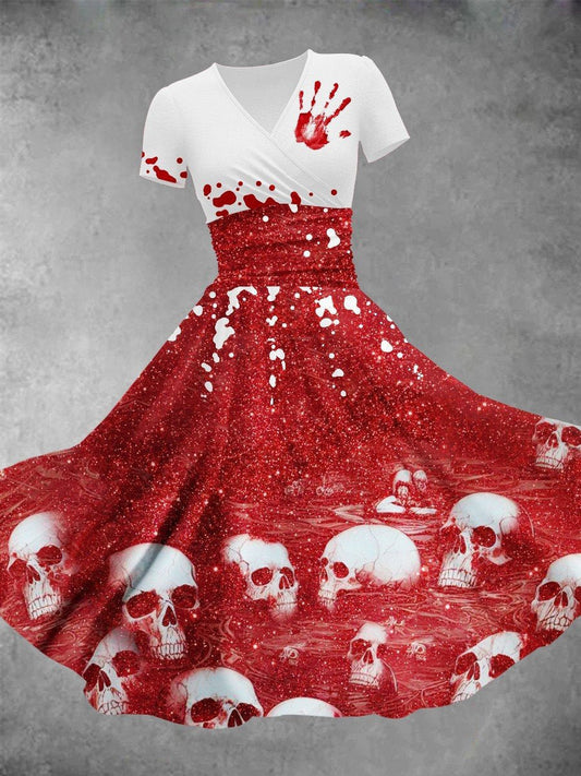 Ženy vintage lebka art print v-neck krátké rukávy midi šaty