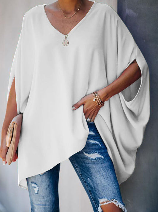 Women's casual solid color v-neck bat sleeve t-shirt for women