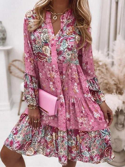 Ženy vintage květinové tisk v krku mini šaty