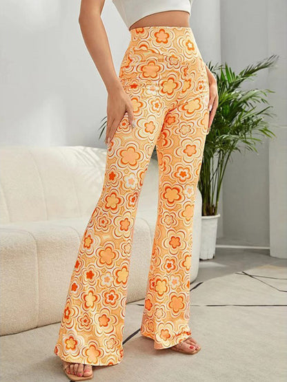 Dámské retro barevné květinové tisk casual flare kalhoty