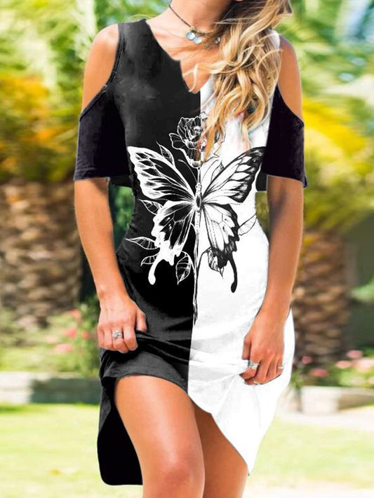 Ženy vintage tisk butterfly styl v-neck off-shoulder mini šaty