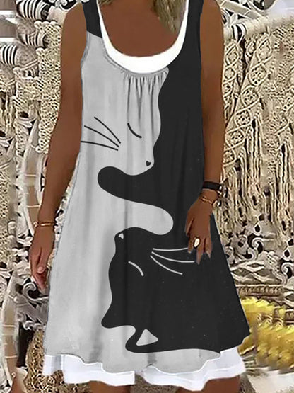 Dámské retro cat print kolo krku a-line midi sukně