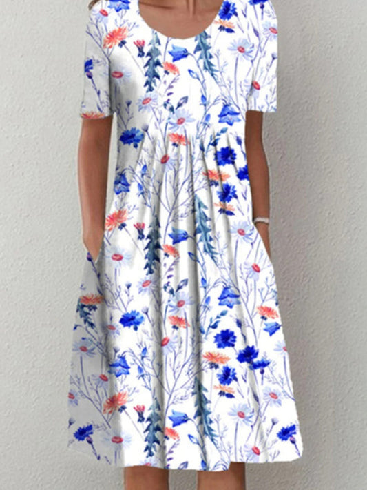 Dámské retro květinové tisk swing sukně vytištěné krátkými rukávy midi šaty