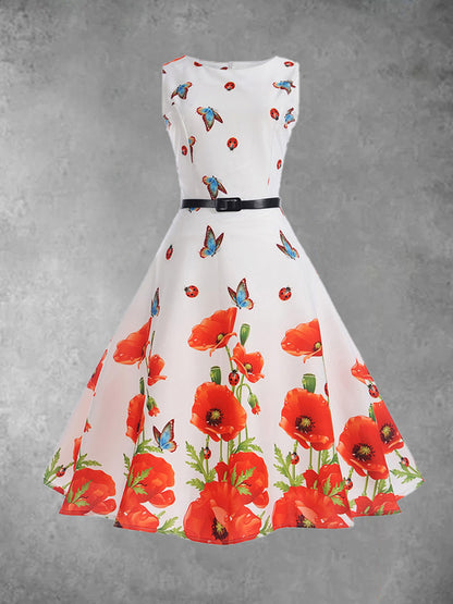 Dámské casual bez rukávů butterfly poppy print elegantní vintage midi šaty