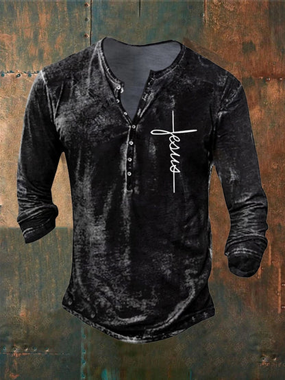 Pánské retro faith print casual stojan golier s dlouhým rukávem t-shirt