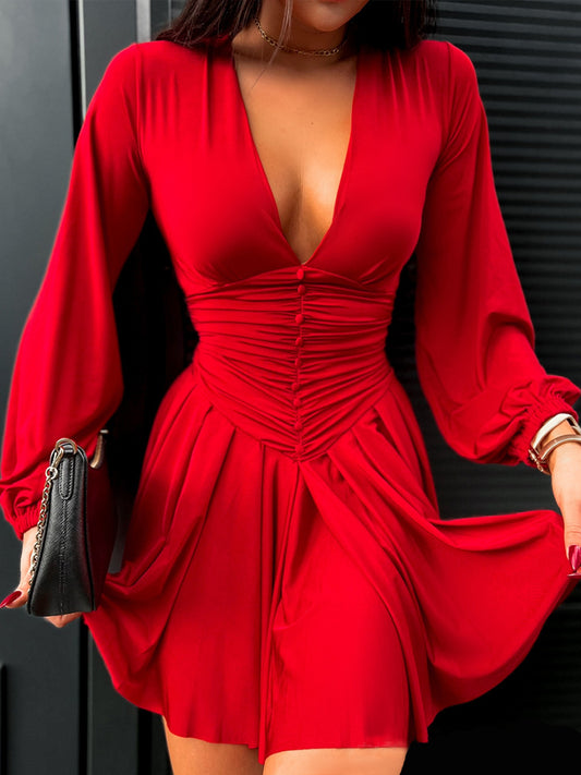 Dámské retro červené lucerny rukáv pasu hluboké v mini šaty