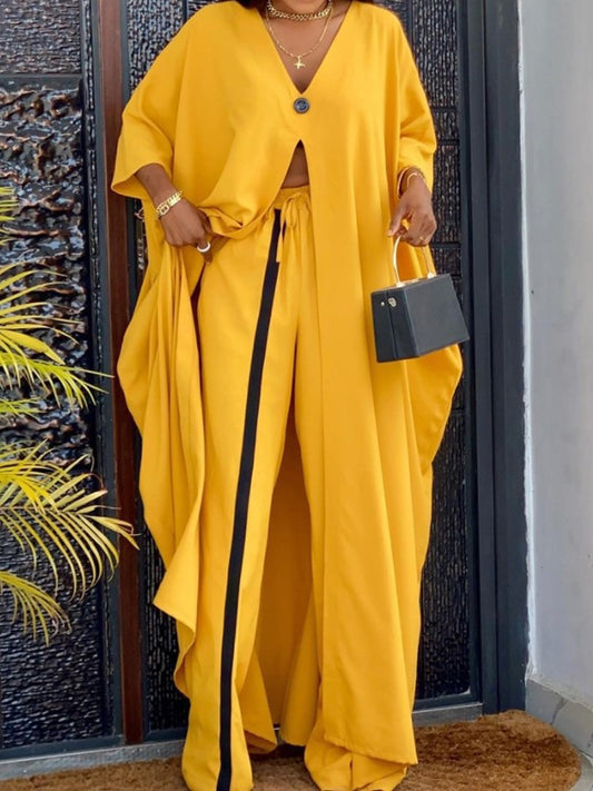 Dámské retro žluté v-neck volné dlouhými rukávy blúzka a kalhoty oblek