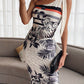 Women's casual off-shoulder bow colorful art print slit dress