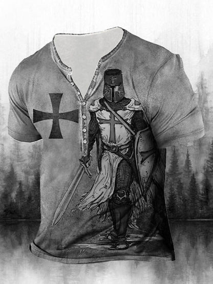 Pánské retro vojáci tištěné v-krk krátkých rukávů casual henry top