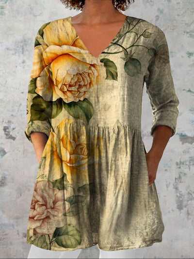 Women's Vintage Floral Art Print Casual V Neck Three Quarter Sleeve Elegant Cotton Linen Top