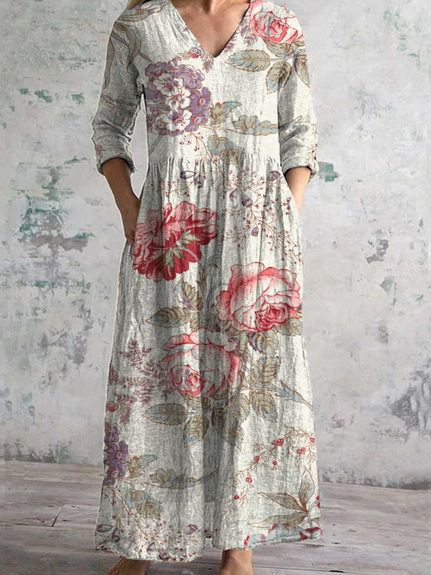 Vintage Floral Art Print Chic V Neck Three Quarter Sleeve Elegant Midi Dress