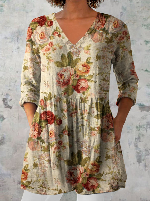 Women's Vintage Floral Art Print Casual V Neck Three Quarter Sleeve Elegant Cotton Linen Top