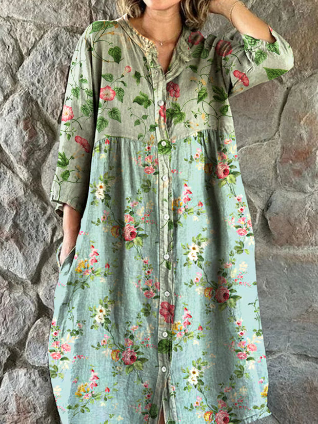 Vintage Bohemian Floral Art Print Chic V Neck Three Quarter Sleeve Button Elegant Midi Dress