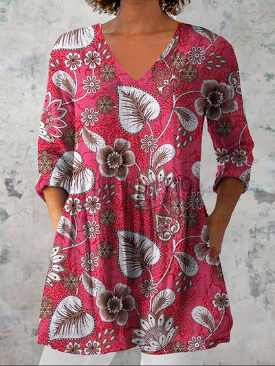 Women's Vintage Floral Art Print Casual V Neck Three Quarter Sleeve Elegant Cotton Linen Top