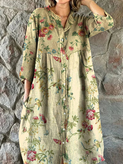 Vintage Bohemian Floral Art Print Chic V Neck Three Quarter Sleeve Button Elegant Midi Dress