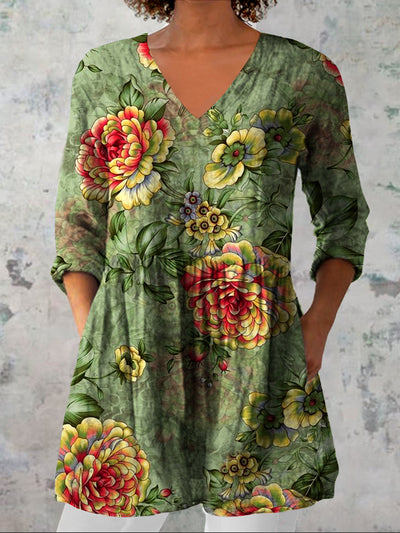 Women's Vintage Floral Art Print Casual V Neck Three Quarter Sleeve Elegant Cotton Linen Top