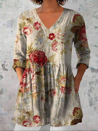 Women's Vintage Floral Art Print Casual V Neck Three Quarter Sleeve Elegant Cotton Linen Top