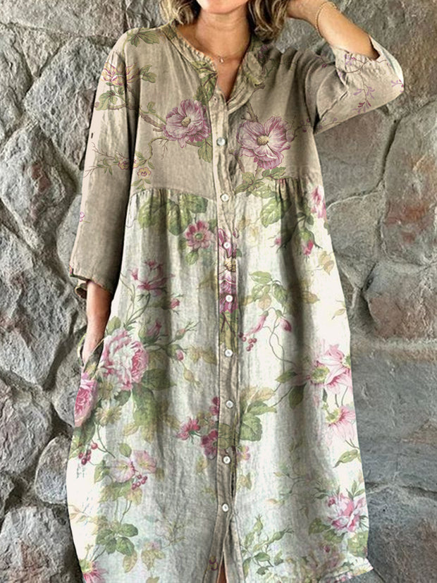 Vintage Bohemian Floral Art Print Chic V Neck Three Quarter Sleeve Button Elegant Midi Dress