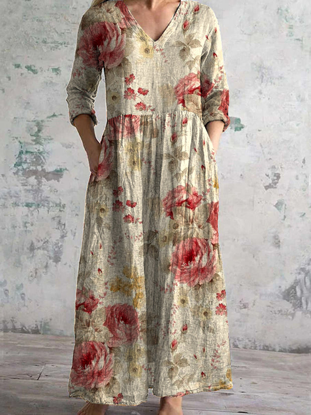 Vintage Floral Art Print Chic V Neck Three Quarter Sleeve Elegant Midi Dress