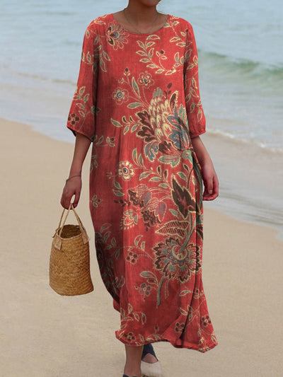 Retro Boho Floral Art Printed Round Neck Vintage Loose Long Sleeves Midi Dress