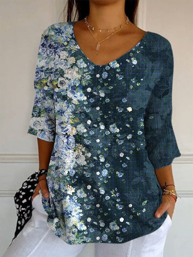 Elegant Retro Floral Print V-Neck Loose Mid-Length Sleeve Top