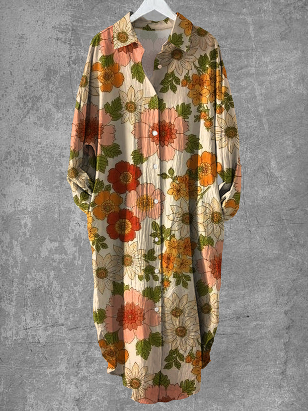 Vintage Floral Art Print Chic manga larga Casual V-cuello botón suelto camisa Vestido