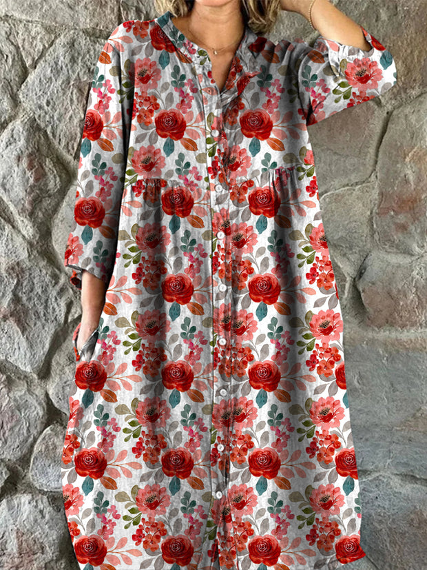 Retro Floral Art Print Vintage Chic con cuello en V botón de manga larga vestido de Midi