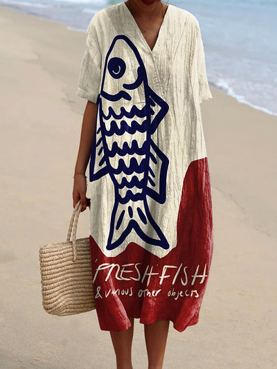 Vintage Fish Art Print V-cuello elegante Chic suelta manga corta vestido de Midi