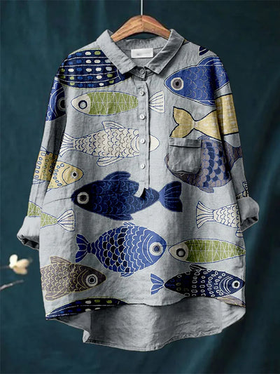 De las mujeres Retro Fish Art Print Casual Algodón Lino Cuello redondo Botón Bolsillo Midi Manga Camisa Top