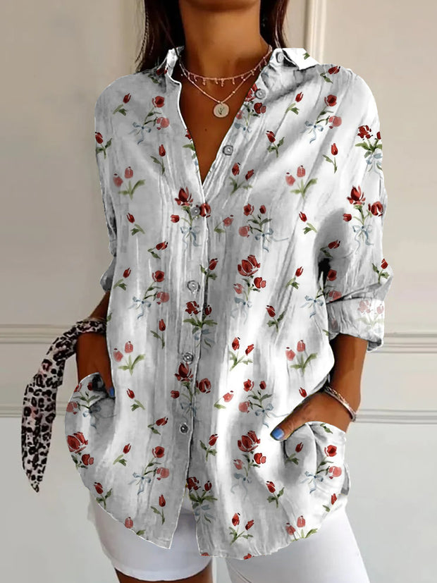 Retro Boho Floral Art Print Vintage Chic V-cuello botón hasta camisa de manga larga