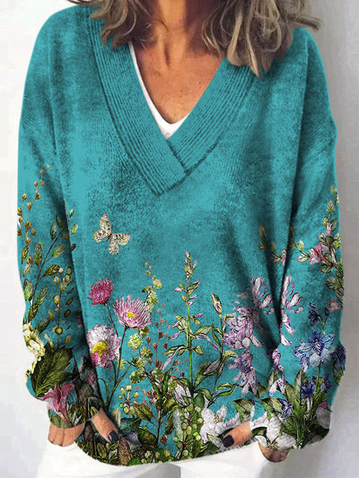 Elegante retro Boho arte impreso con cuello en V Casual cómodo de manga larga suelta sudadera