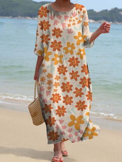 Vintage Bohemian Floral Art Print Chic Round Neck Three-Quarter Sleeve Elegant Midi Dress