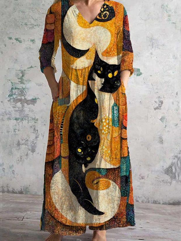 Vintage Cat Art Print Chic V-cuello de tres cuartos mangas elegante vestido de Midi