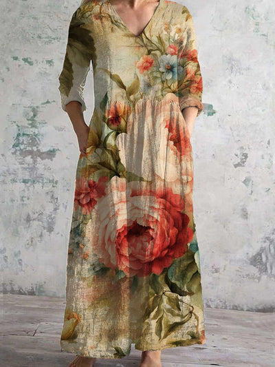 Vintage Floral Art Print Chic con cuello en V de tres cuartos mangas elegante vestido de Midi