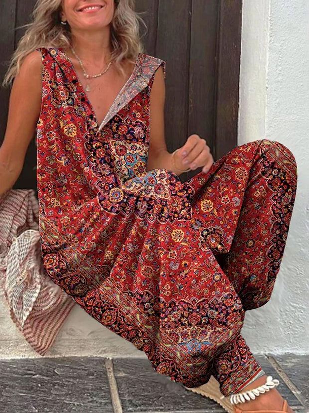 Vintage Ethnic Art Print Casual Jumpsuit