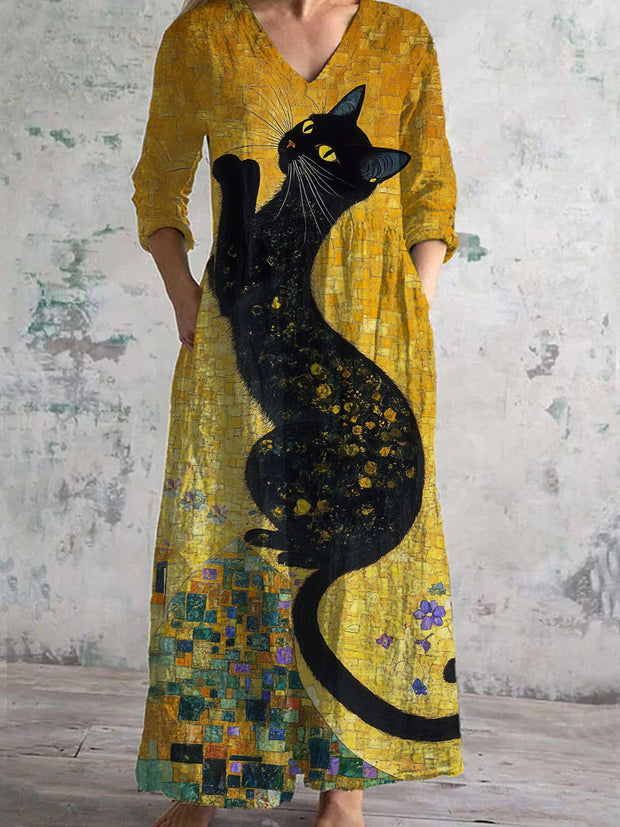 Vintage Cat Art Print Chic V-cuello de tres cuartos mangas elegante vestido de Midi