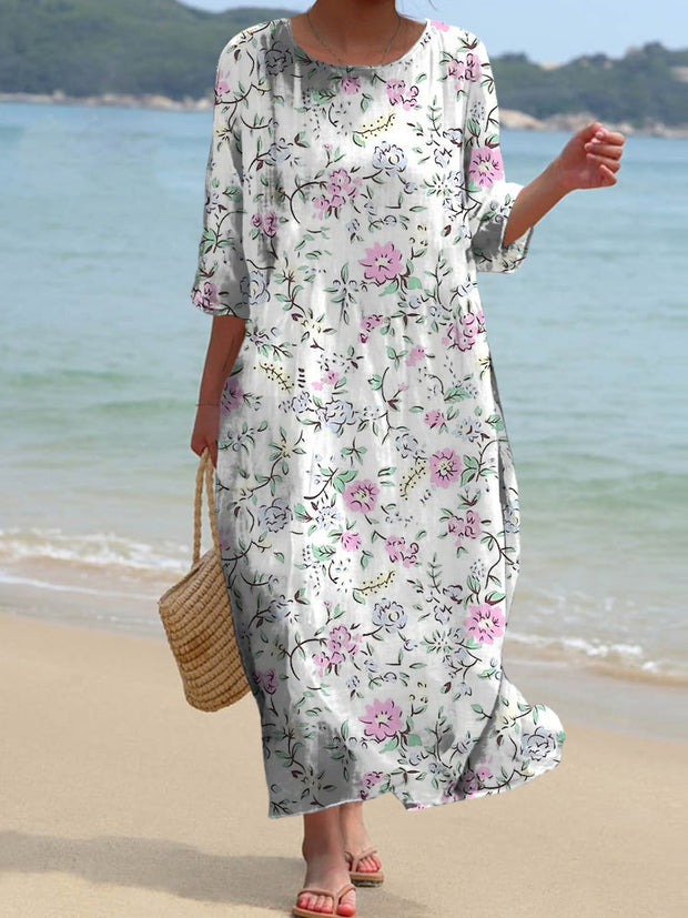 Vintage Bohemian Floral Art Print Chic Round Neck Three-Quarter Sleeve Elegant Midi Dress