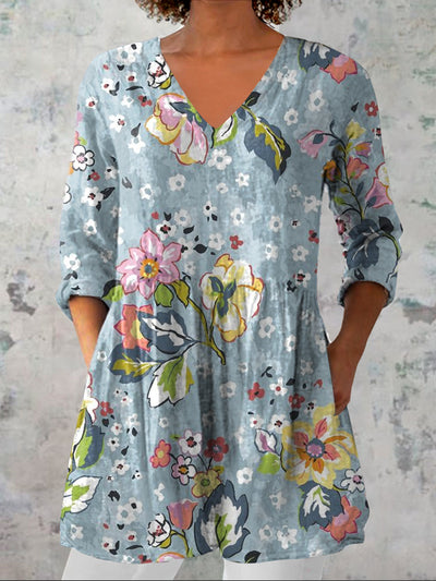 Mujer Vintage Floral Art Print Casual Cuello en V Mangas tres cuartos Elegante Top de algodón y lino