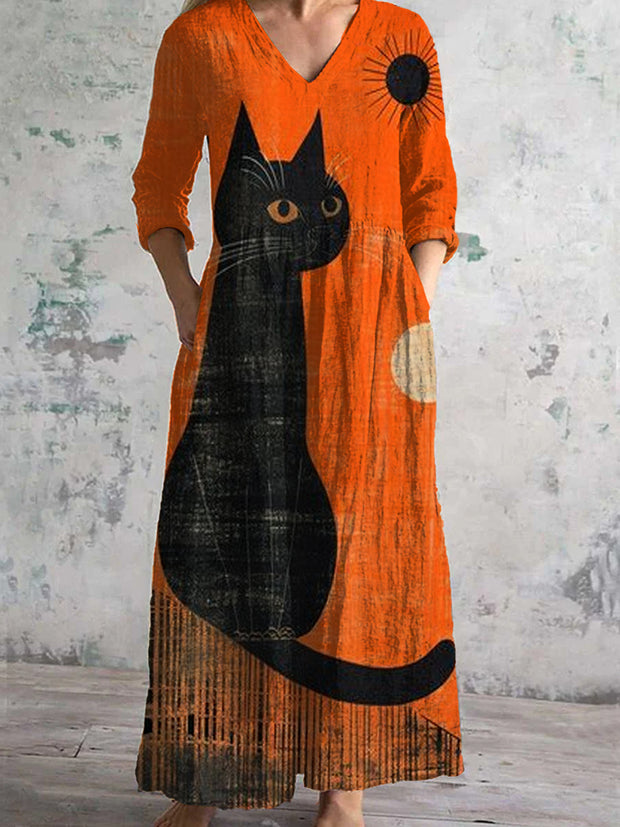 Vintage Cat Art Print Chic V-cuello de tres cuartos mangas elegante vestido de Midi