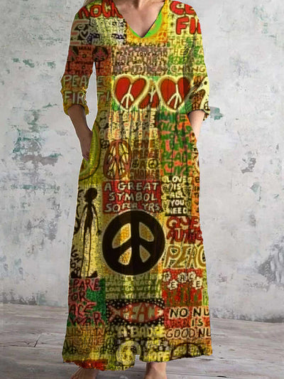 Vintage Hippie Art Chic V-Neck Three-Quarter Sleeve Elegant Midi Dress