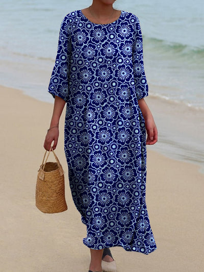 Retro Boho Floral Art Printed Round Neck Vintage Loose Long Sleeves Midi Dress