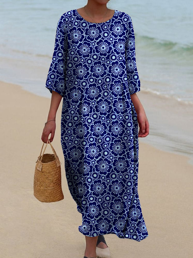 Retro Boho Floral Art Printed Round Neck Vintage Loose Long Sleeves Midi Dress