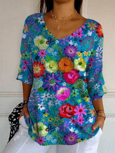 Elegant Retro Boho Floral Print V-Neck Loose Mid-Length Sleeve Top