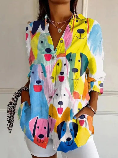 Camisa de manga larga con botones y cuello en V elegante vintage con estampado artístico de perros lindos