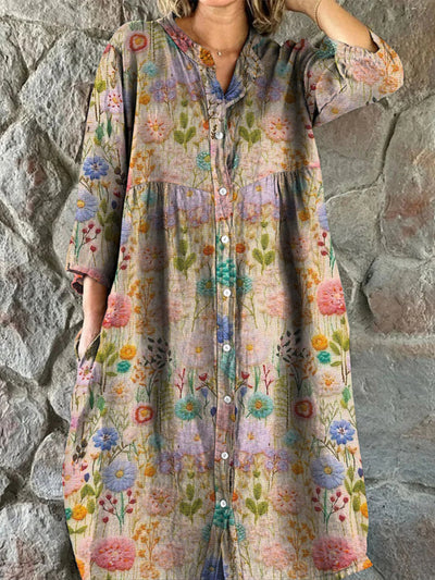 Retro Floral Art Print Vintage Chic V-Neck Button Up Long Sleeve Midi Dress