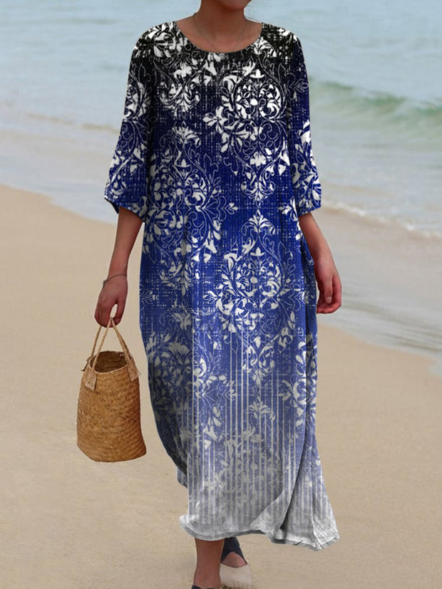 Retro Boho Floral Art Printed Round Neck Vintage Loose Long Sleeves Midi Dress