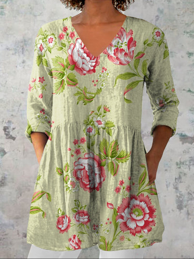 Women's Retro Floral Art Print Casual V Neck Three-Quarter Sleeve Elegant Cotton Linen Top